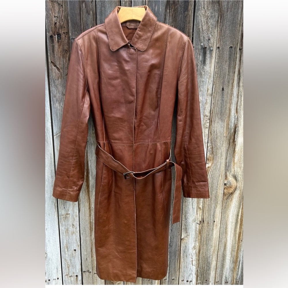 Wilsons Leather Vintage Leather Trench Coat Luggage Brown L